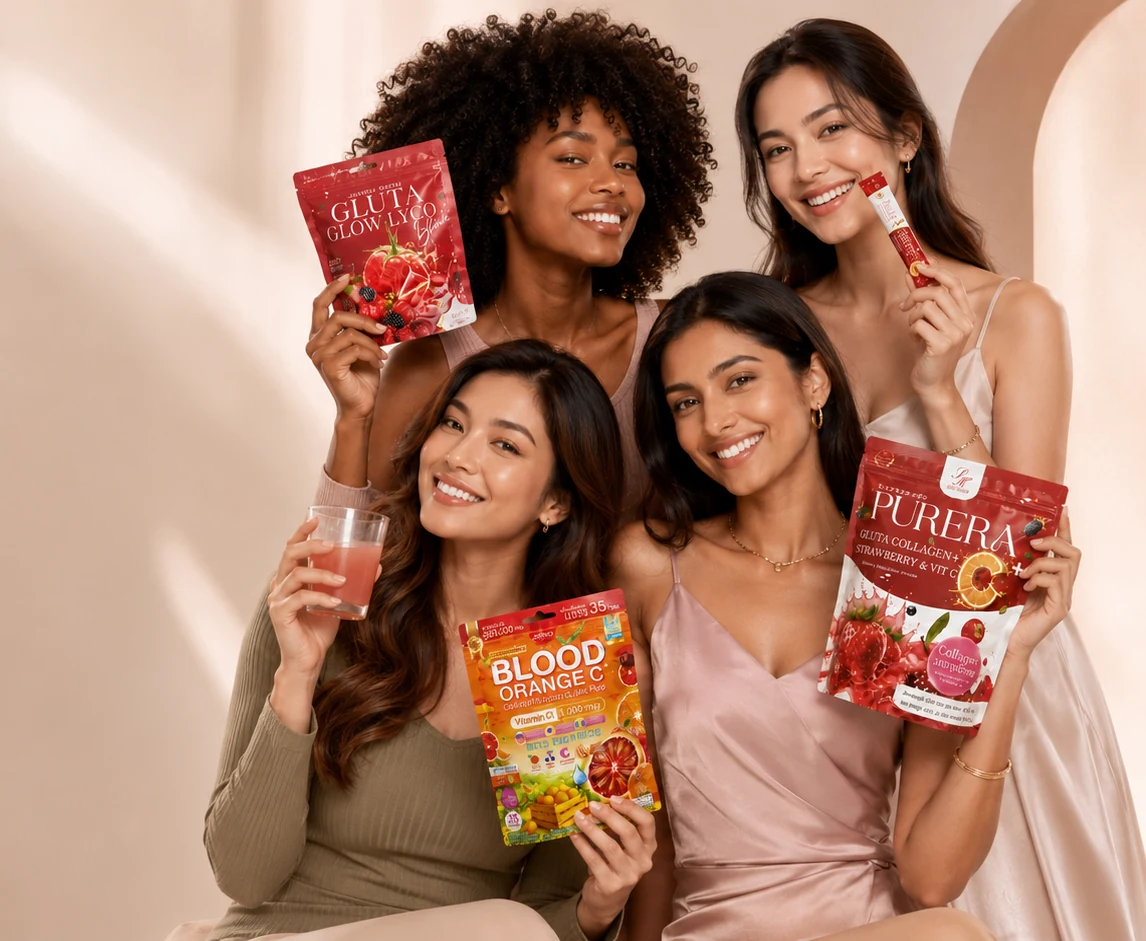 Women of different skin tones presenting AANRY beauty and wellness products